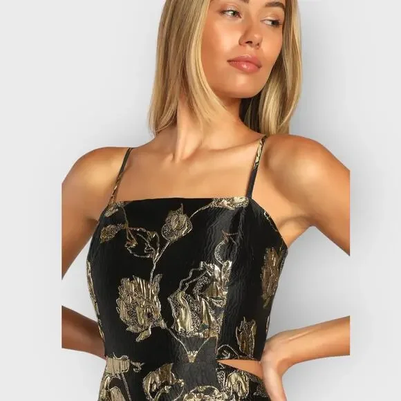 Lulus Charming Beauty XS Black Gold Floral Maxi Dress Wedding Guest V-Neck - Picture 6 of 11